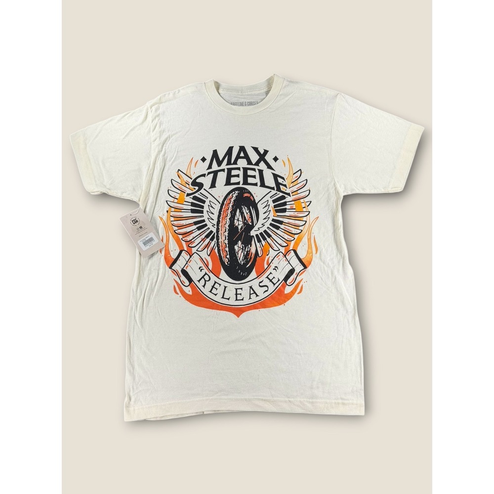 Caffeine & Curses Max Steele Release Graphic T-Shirt Cream Mens Medium NWT